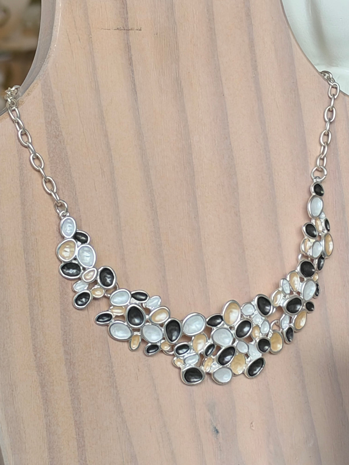 Black, White and Peach Pebble Bib Necklace