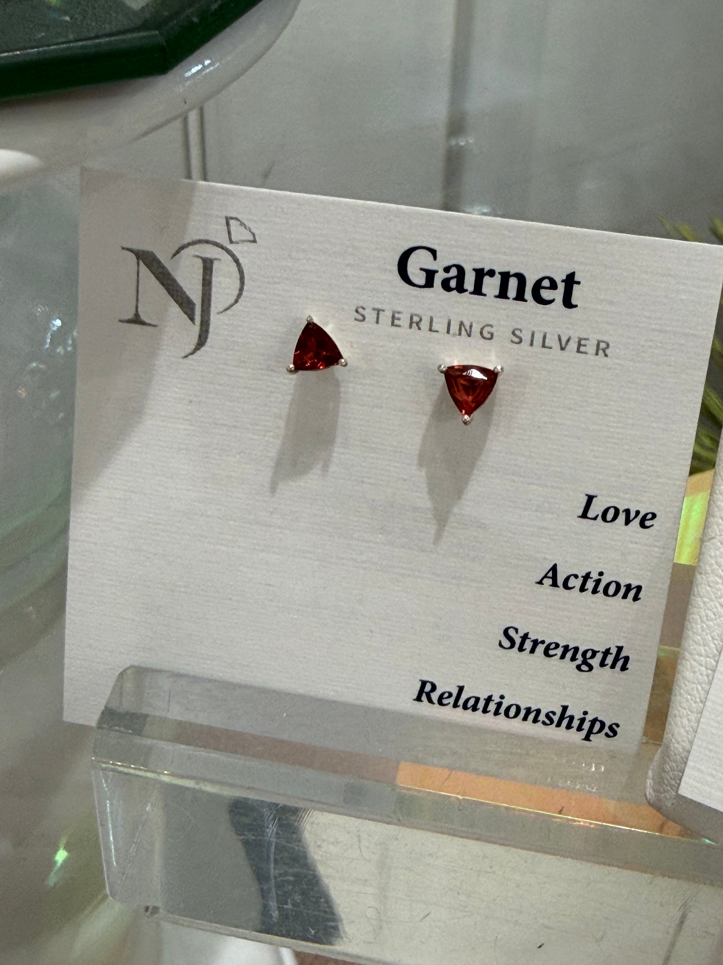 Garnet Trillion Sterling Silver Stud Earrings