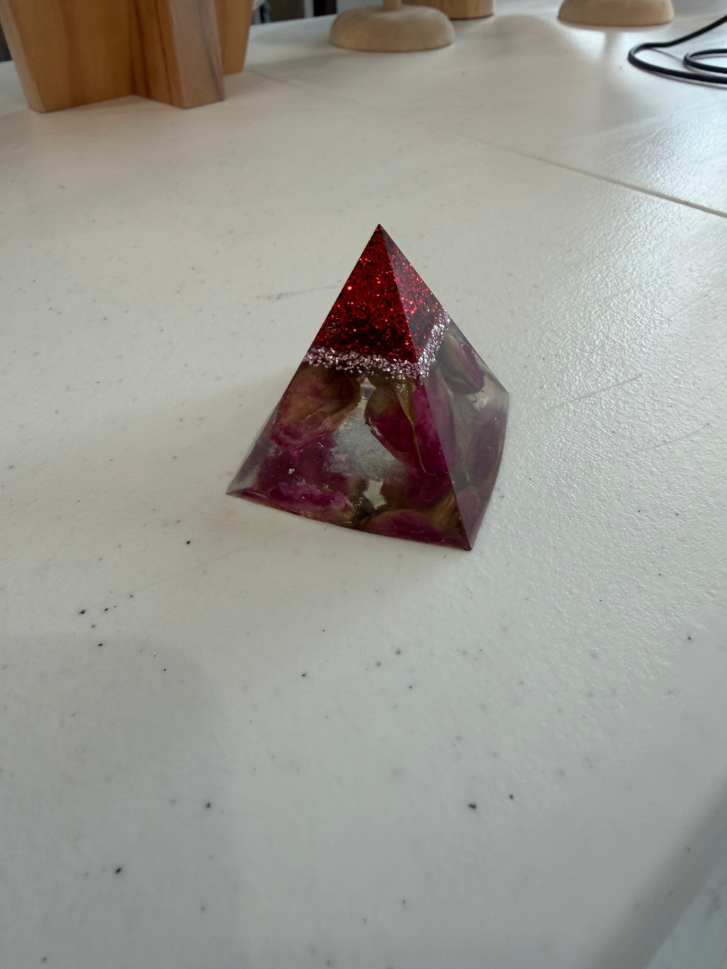 Dried Rosebud & Red Glitter Resin Pyramid