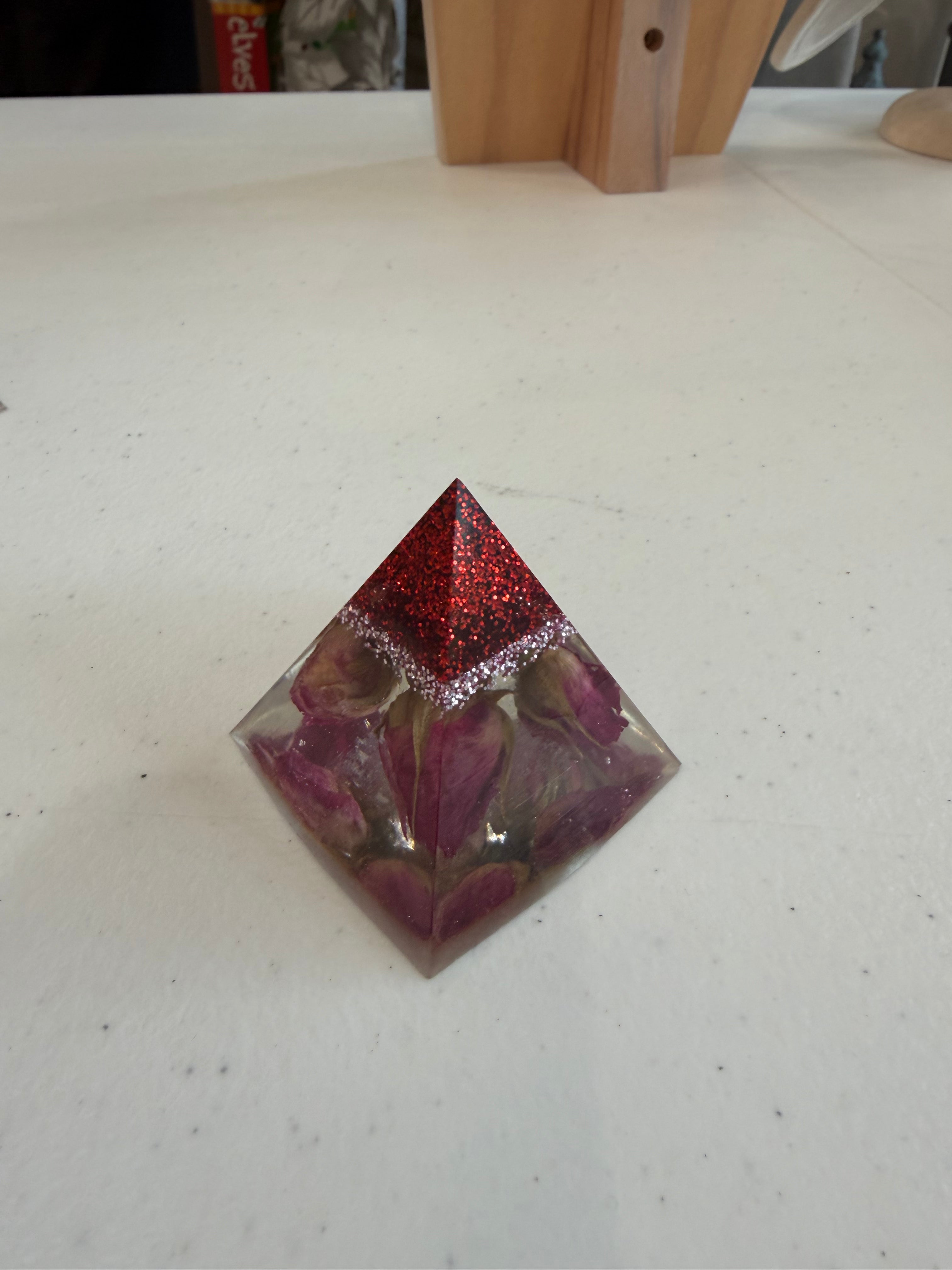 Dried Rosebud & Red Glitter Resin Pyramid