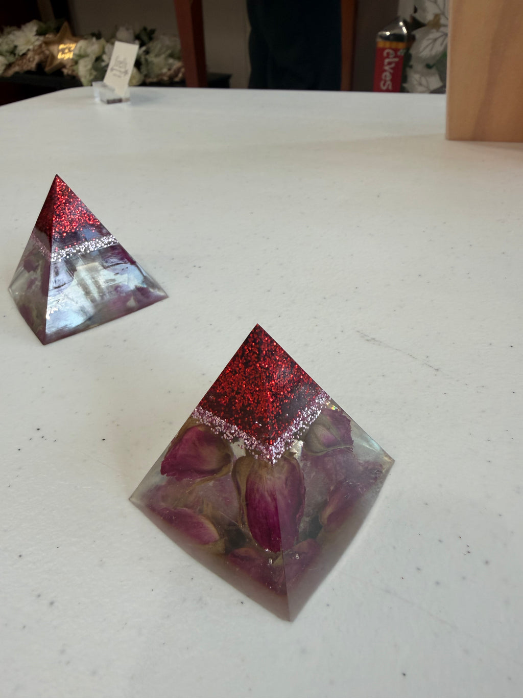 Dried Rosebud & Red Glitter Resin Pyramid