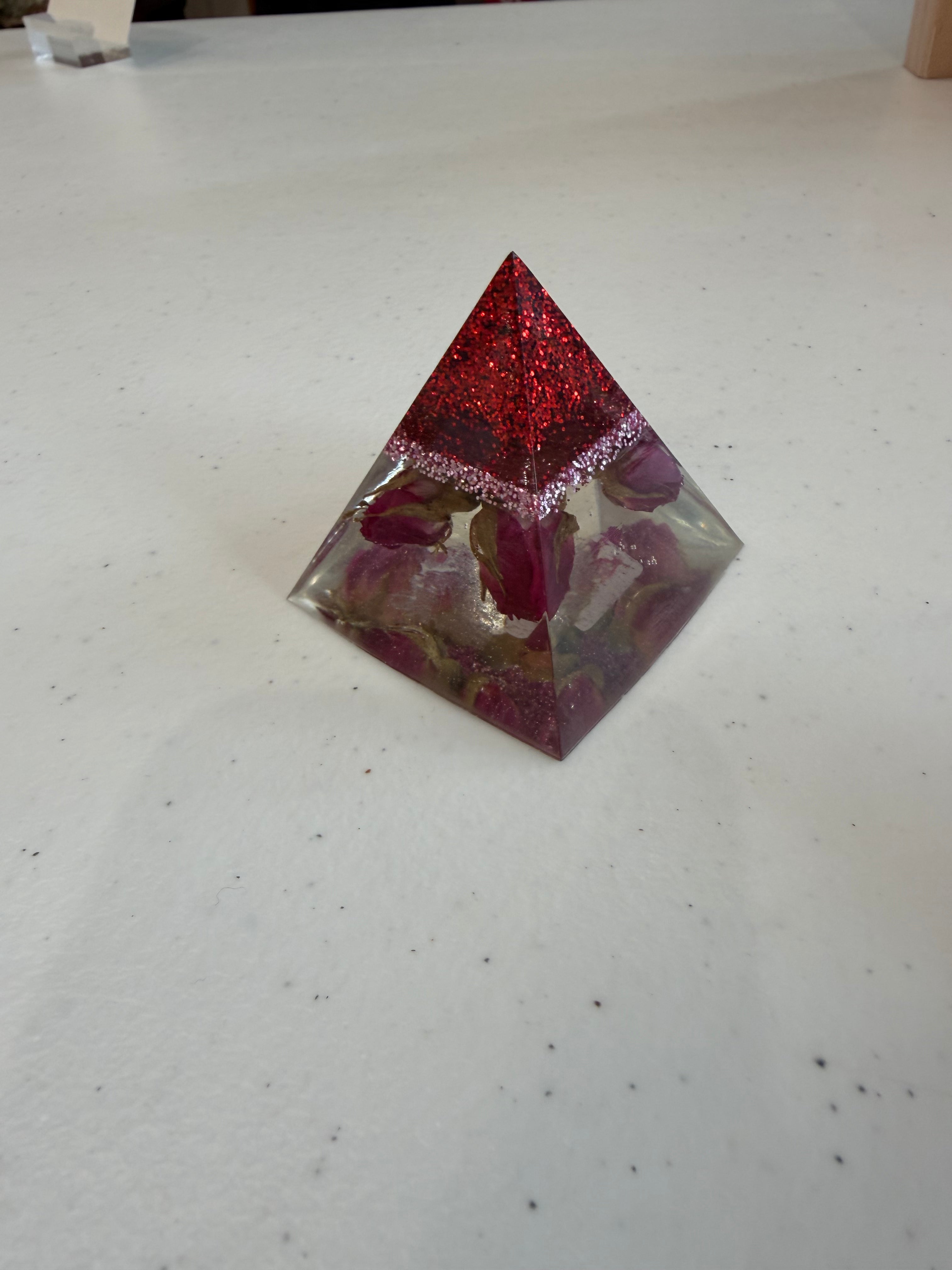 Dried Rosebud & Red Glitter Resin Pyramid