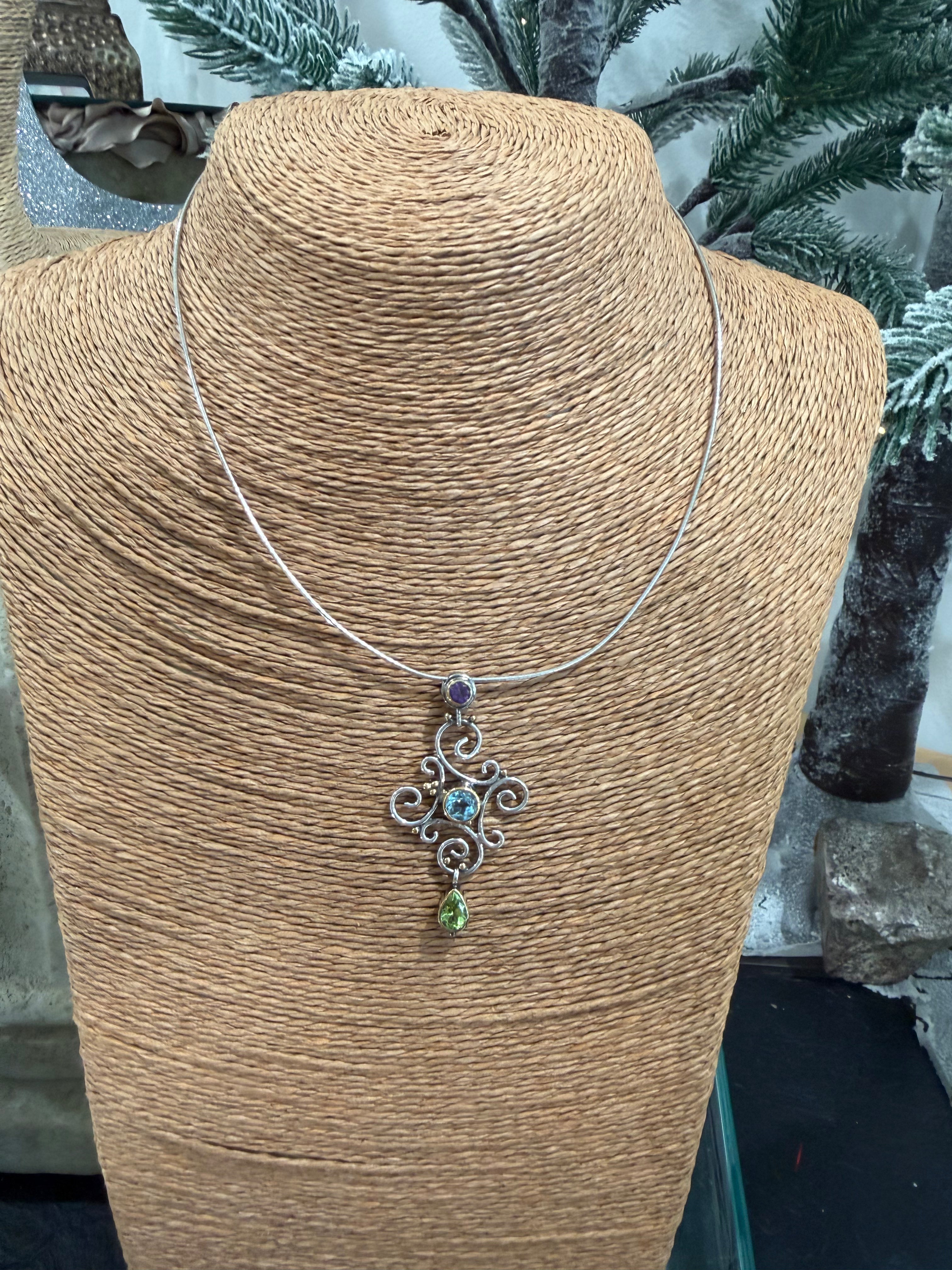Amethyst, Blue Topaz & Peridot Silver Scroll Necklace