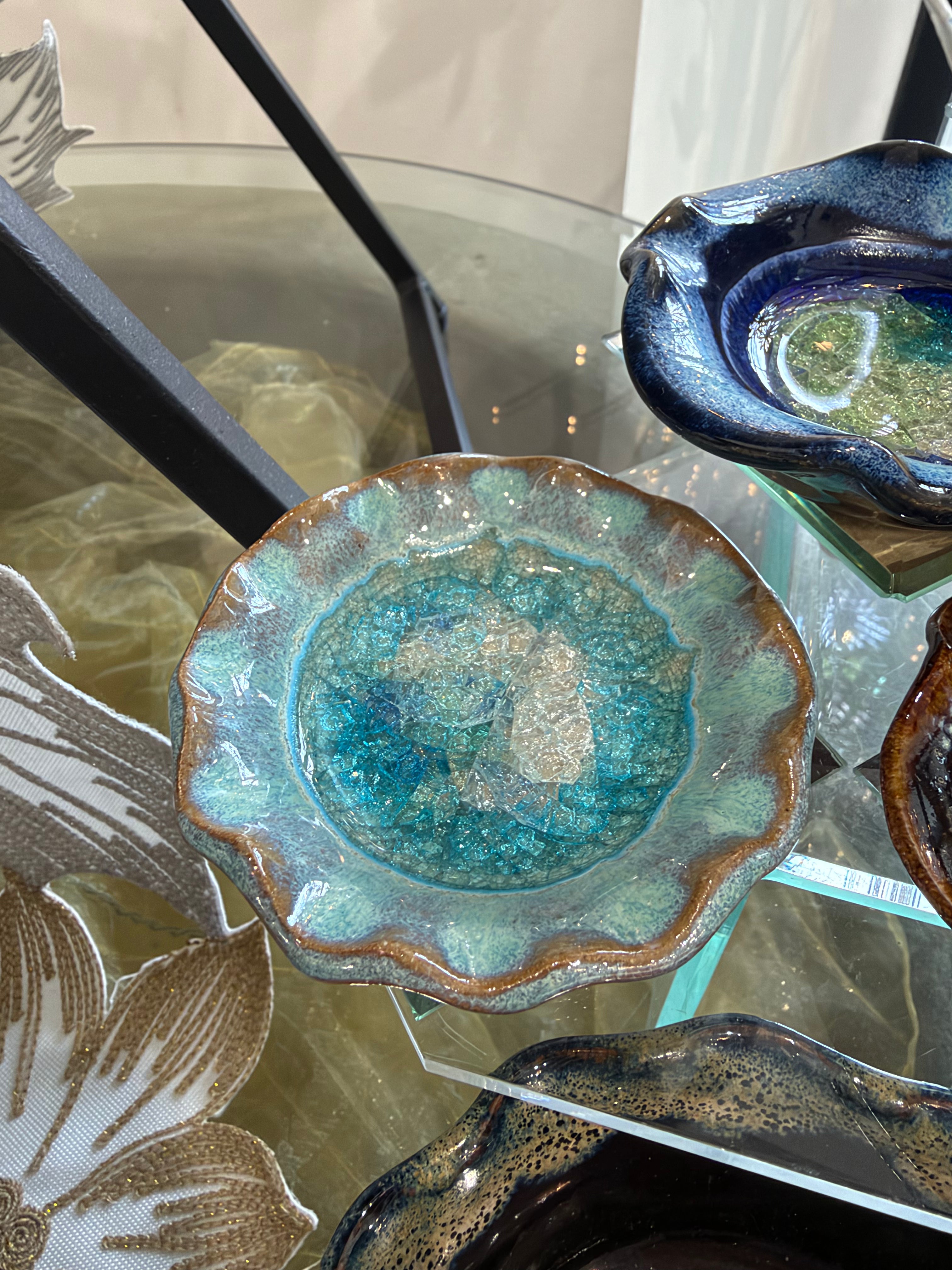 Seafoam Ruffled Pillar Candle Holder with Turquoise Glass