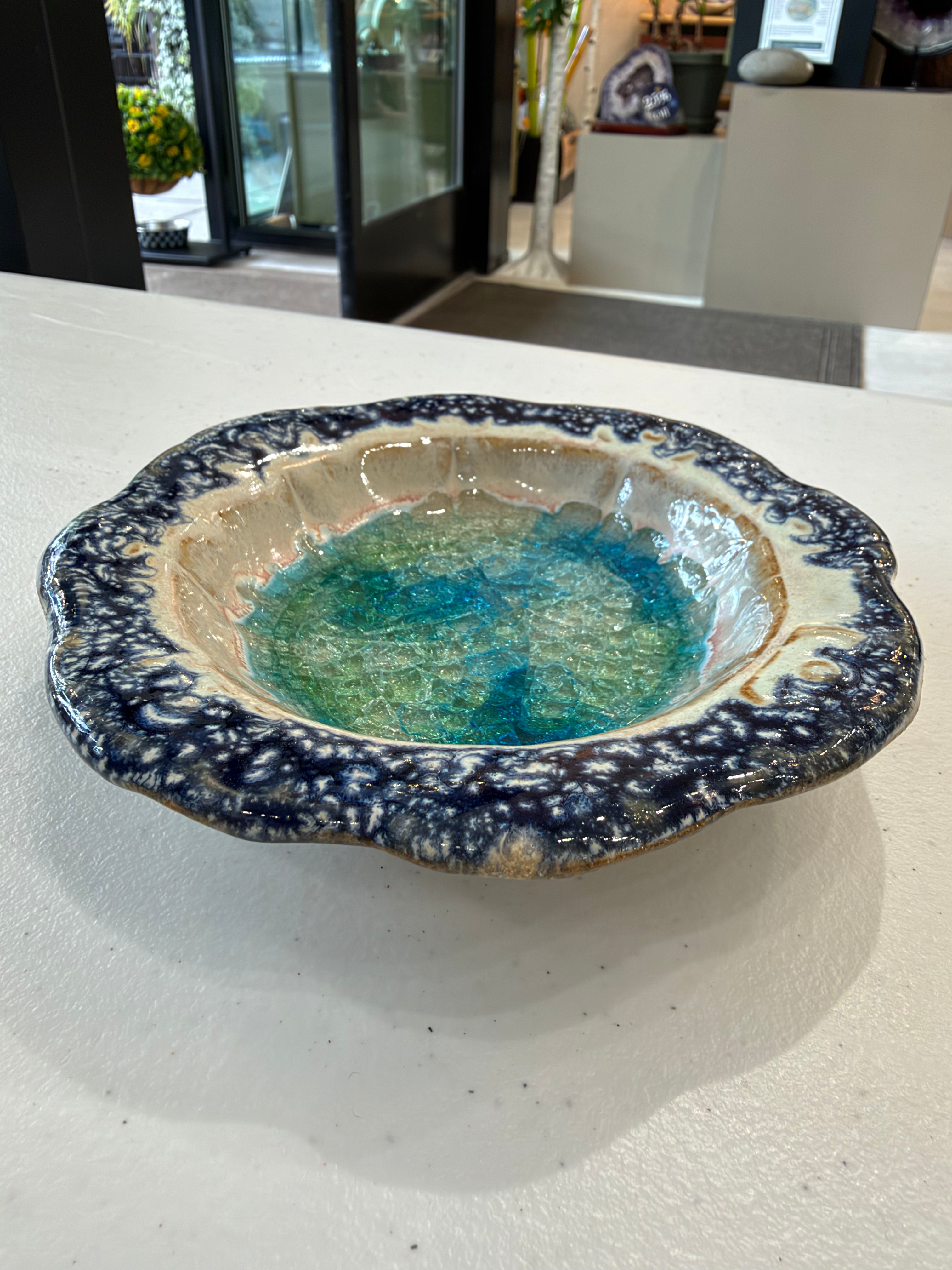 Navy Speckle and Aqua Glass Scalloped Dish