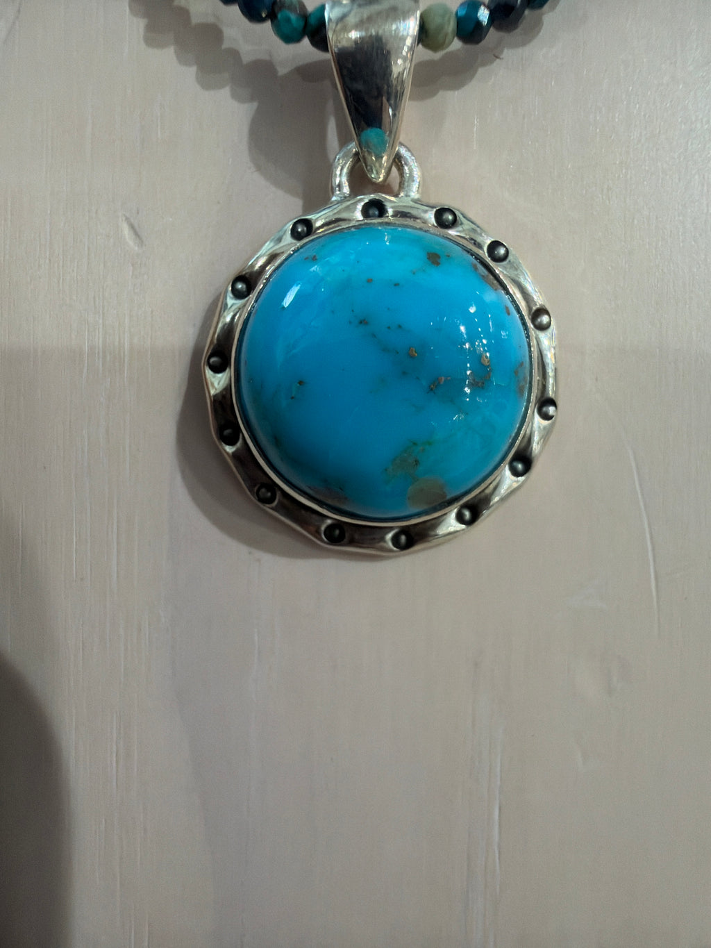 Round Turquoise Cabochon Pendant, Dotted Bezel