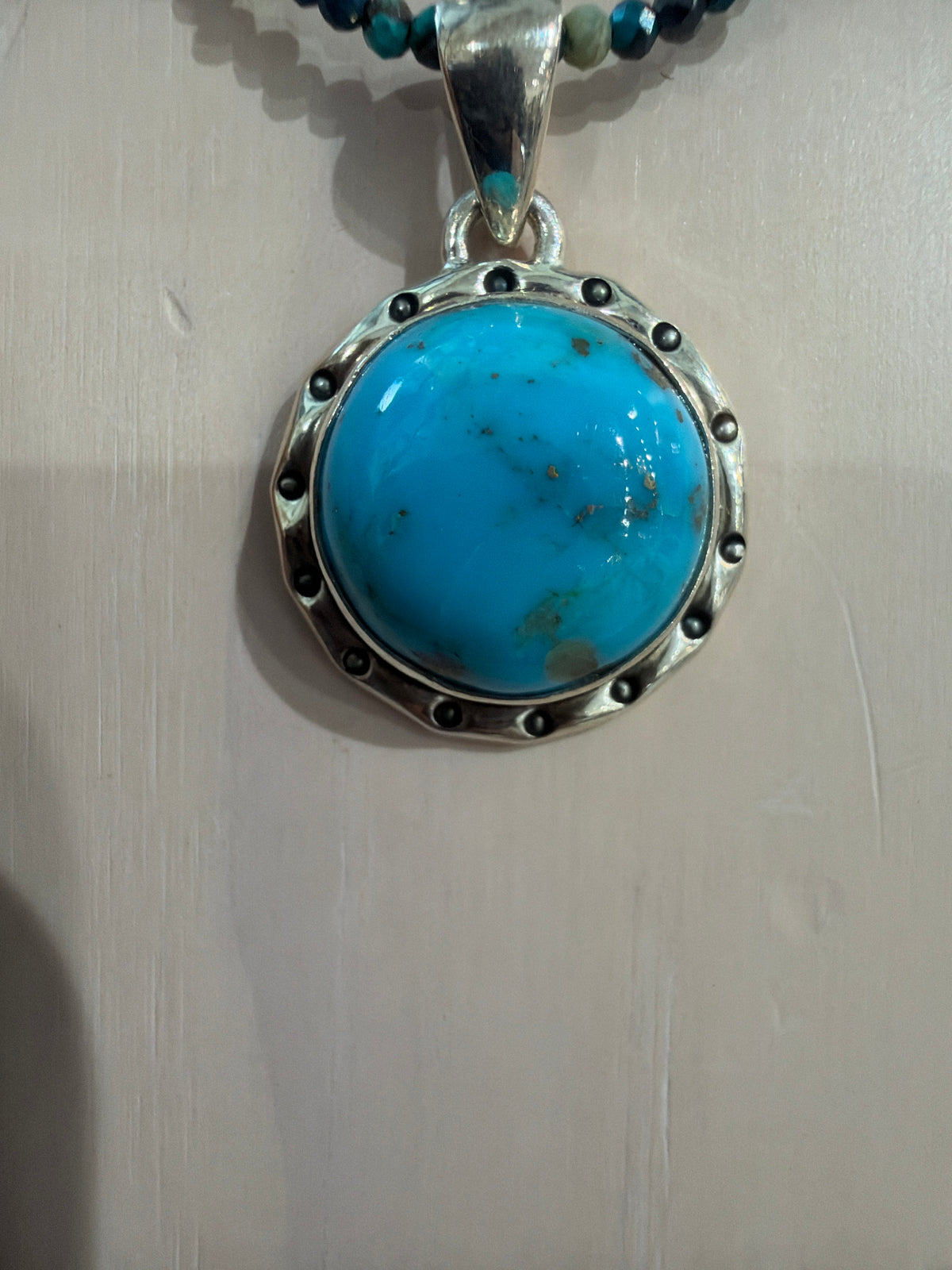 Round Turquoise Cabochon Pendant, Dotted Bezel