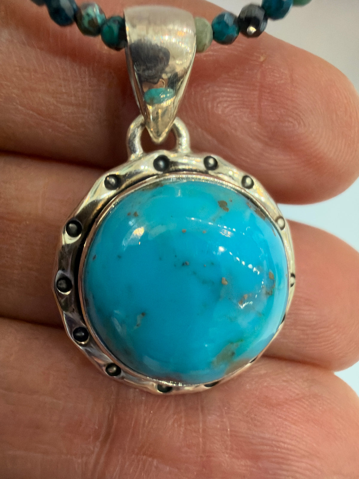 Round Turquoise Cabochon Pendant, Dotted Bezel
