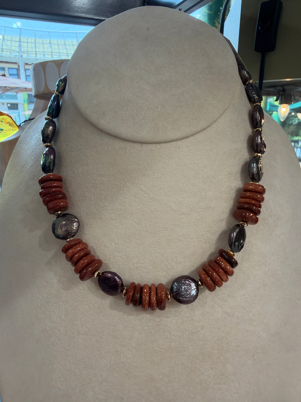 Purple Tahitian Coin Pearls and Gold Sandstone necklace