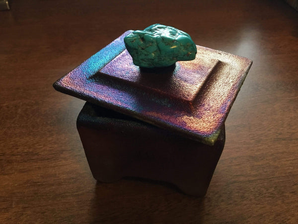 Raku Box Utopianorthwest  Raku Pottery Box / 3”W x 3 1/2H / Turquoise Nugget